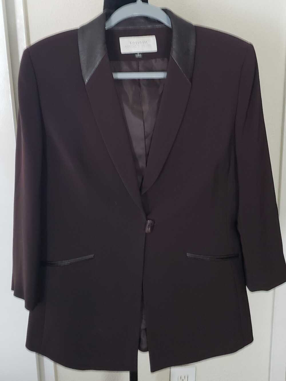 Tahari Dark Brown Single-Button Blazer with Faux Leather Trim